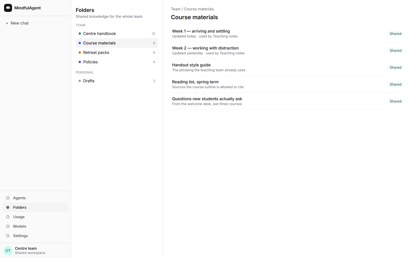 MindfulAgent Folders screen with shared team knowledge