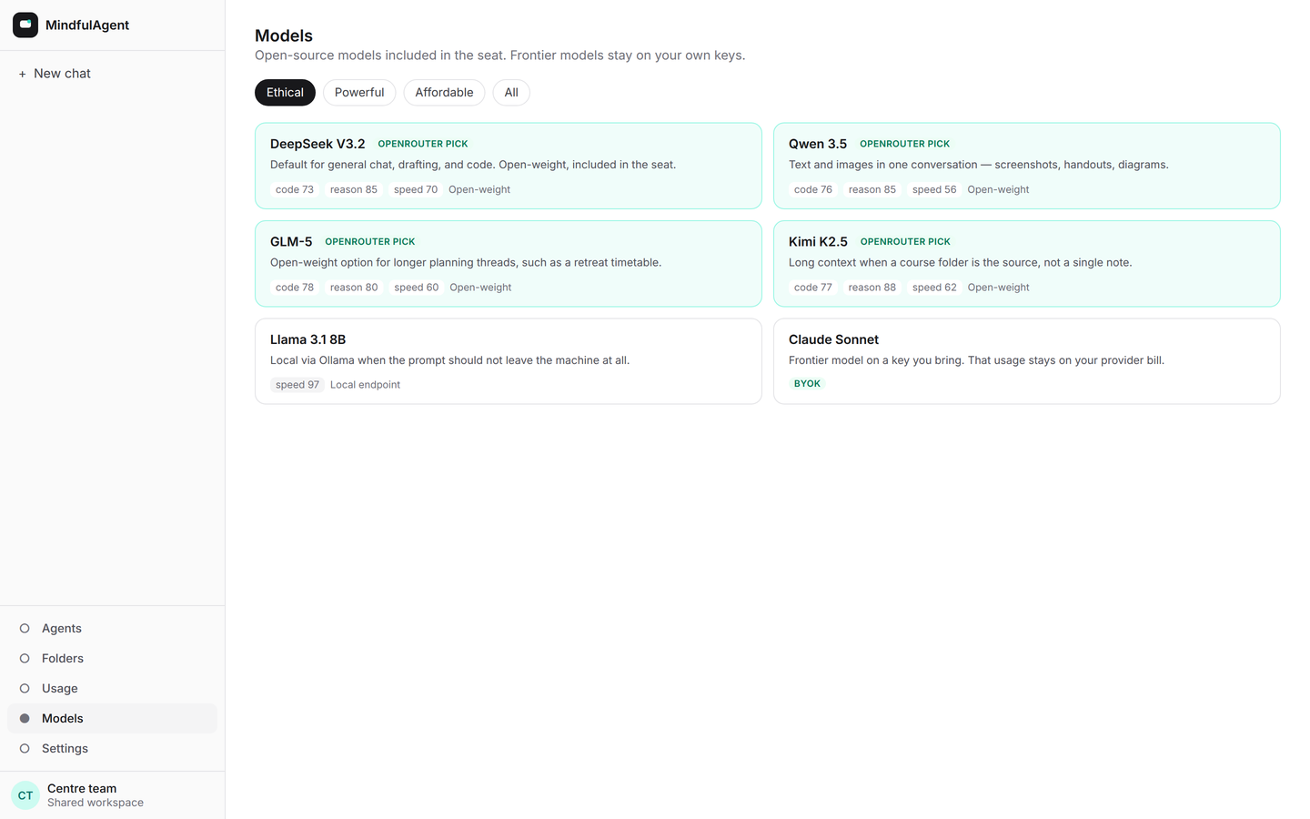 MindfulAgent model picker showing open-source, local and frontier options